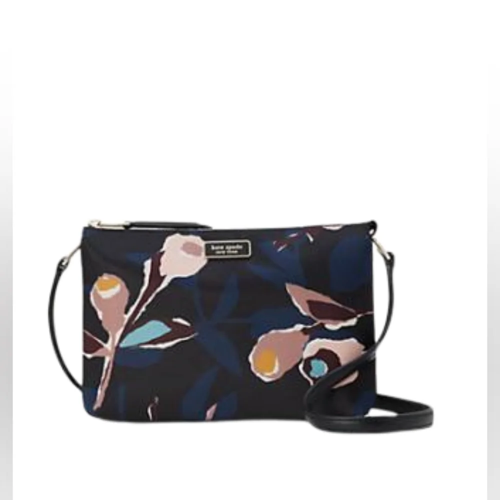 🐻KATE SPADE Dawn Paper Rose Triple Gusset Crossbody in Black Floral - Picture 7 of 16